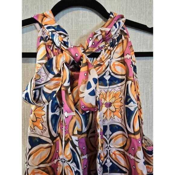 Rachel Zoe Womens Colorful Geometric print Tie Neck sleeveless Blouse Size L New - Picture 4 of 15